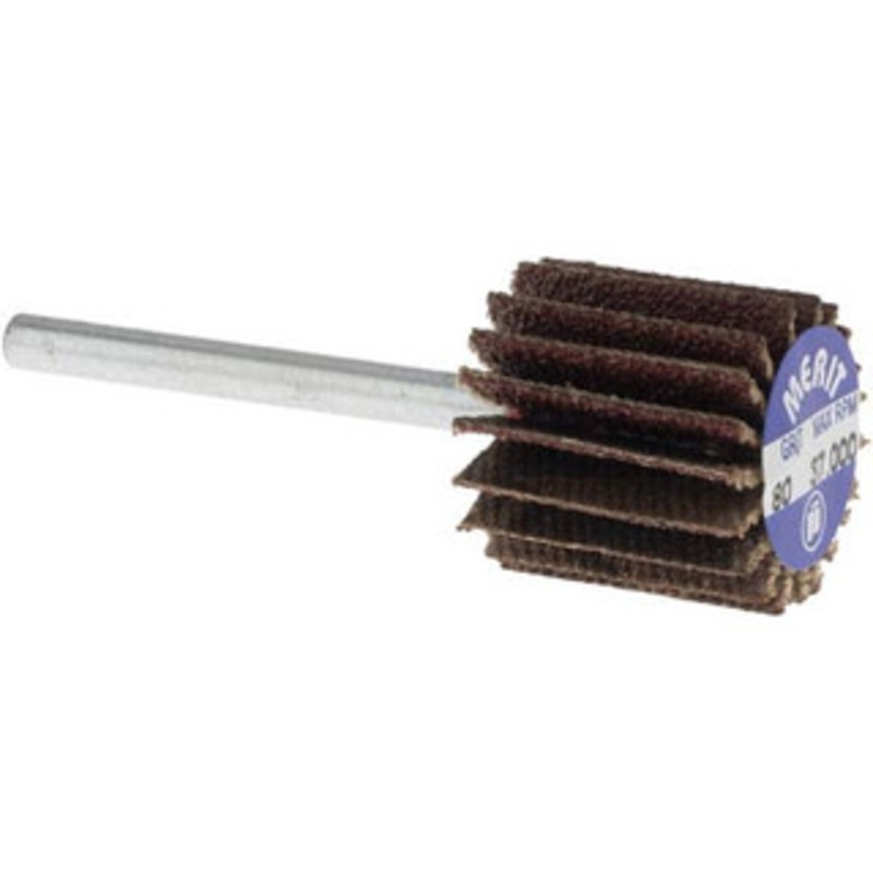 Merit Abrasives 5/8 Diam x 5/8 Face Width, Medium Aluminum Oxide Coated Mounted Flap Wheel 1/8 Shank Mount, 80 Grit, Cloth Backing, 37,000 Max RPM 08834137481 – 09608506