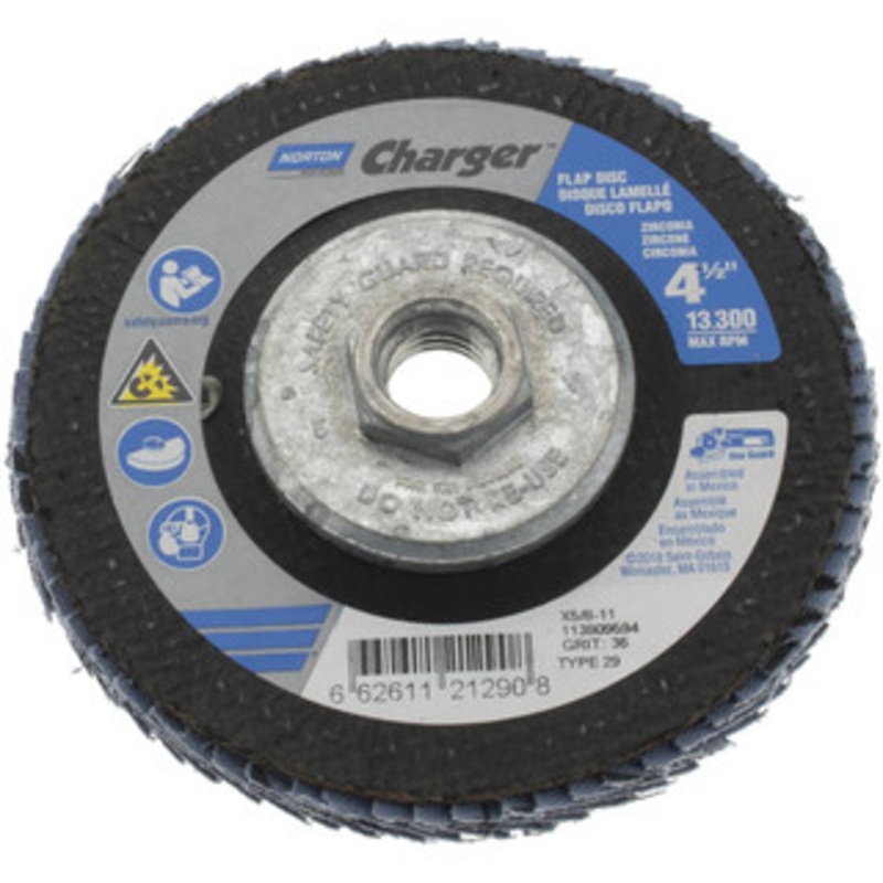 Norton 4-1/2 36 Grit 5/8-11 Center Hole Type 29 Zirconia Alumina Flap Disc Very Coarse Grade, Coated, Arbor Attachment, Fiberglass Backing, 13,000 RPM 66261121290 – 05295134