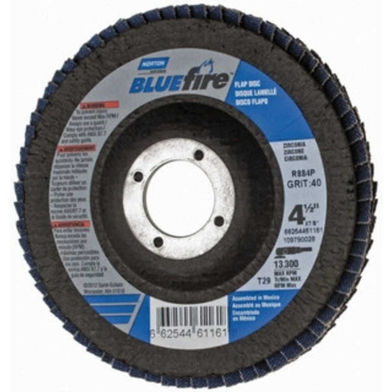 Norton 4-1/2 40 Grit 7/8 Center Hole Type 29 Zirconia Alumina Flap Disc Coarse Grade, Coated, Arbor Attachment, Cloth Backing, 13,300 RPM 66254461161 – 71147342