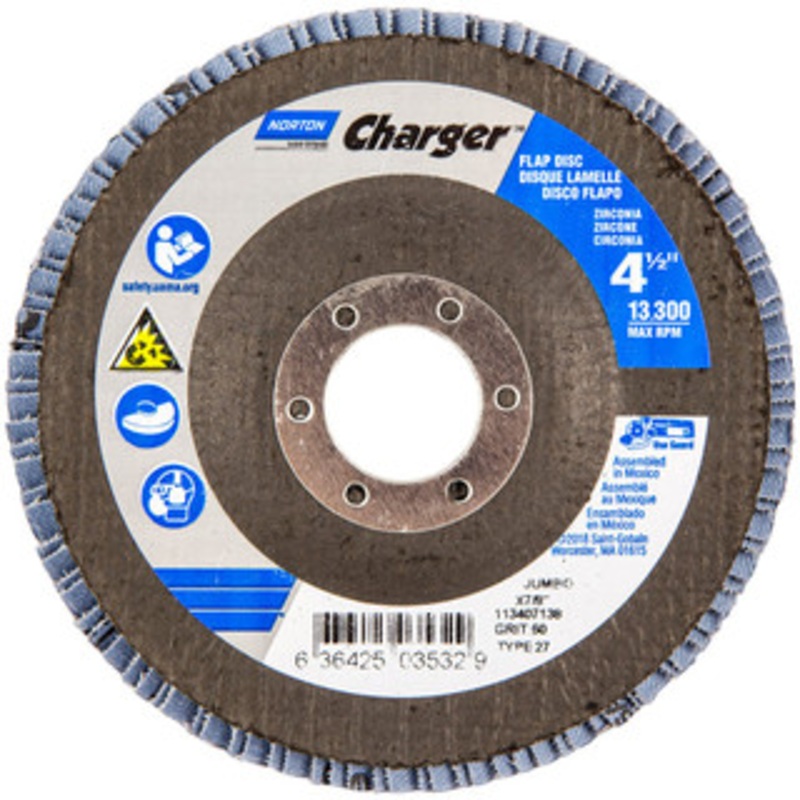 Norton 4-1/2 60 Grit 7/8 Center Hole Type 27 Zirconia Alumina Flap Disc Medium Grade, Coated, Arbor Attachment, Fiberglass Backing, 13,000 RPM 63642503532 – 05950225