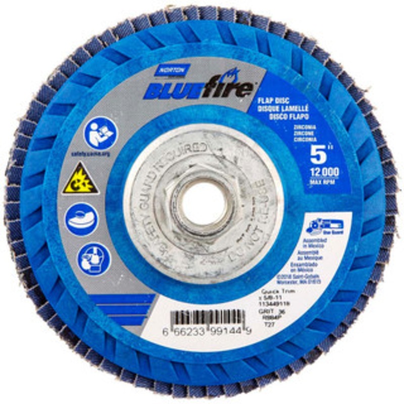 Norton 5 36 Grit 5/8-11 Center Hole Type 27 Zirconia Alumina Flap Disc Coarse Grade, Coated, Arbor Attachment, Plastic Backing, 12,000 RPM 66623399144 – 36044352