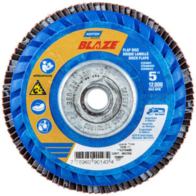 Norton 5 80 Grit 5/8-11 Center Hole Type 27 Ceramic Alumina Flap Disc Medium Grade, Coated, Arbor Attachment, Plastic Backing, 12,000 RPM 77696090143 – 36044535