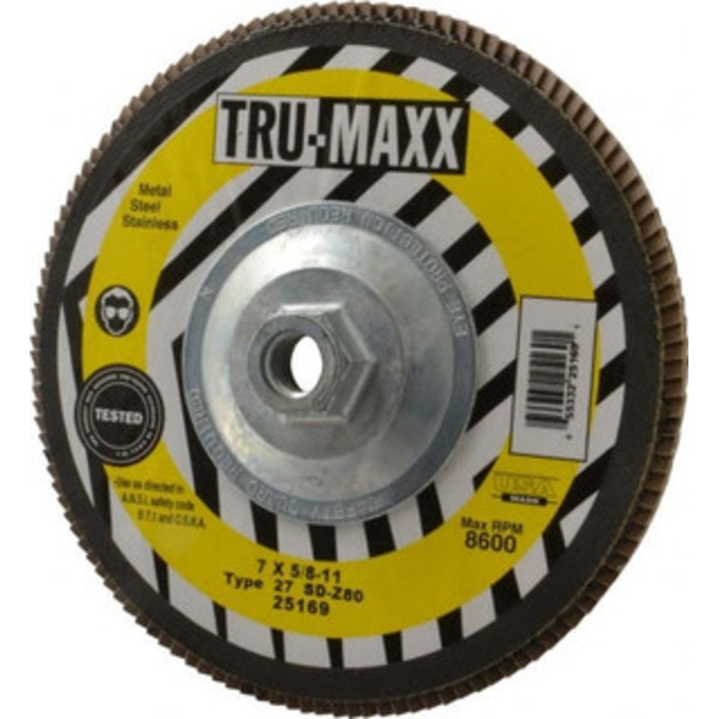 Tru-Maxx 7 80 Grit 5/8-11 Center Hole Type 27 Zirconia Alumina Flap Disc Medium Grade, Coated, Arbor Attachment, 8,600 RPM 25169 – 40140204
