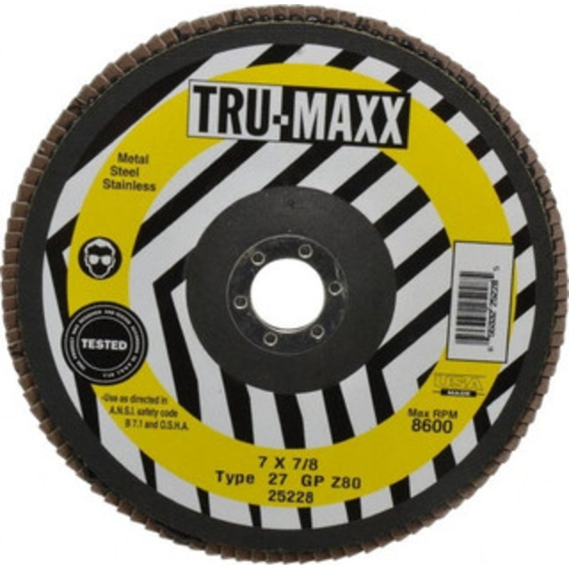 Tru-Maxx 7 80 Grit 7/8 Center Hole Type 27 Zirconia Alumina Flap Disc Medium Grade, Coated, Arbor Attachment, 8,600 RPM 25228 – 86779303