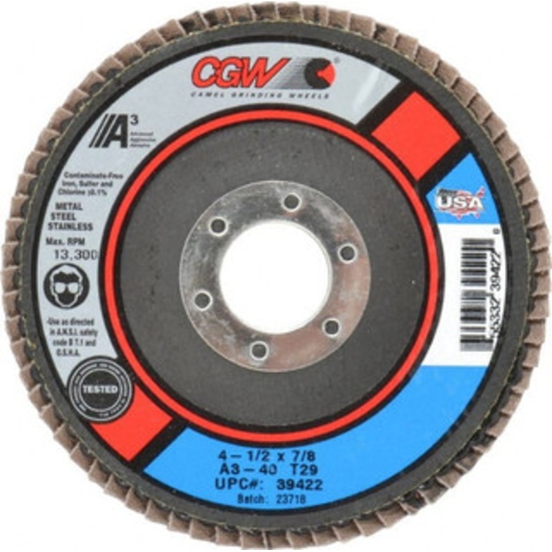 CGW Abrasives 4-1/2 40 Grit 7/8 Center Hole Type 29 Aluminum Oxide Flap Disc Coarse Grade, Coated, Arbor Attachment, Polyester Backing, 13,300 RPM 39422 – 02555191