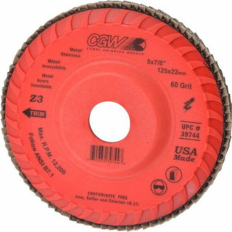 CGW Abrasives 5 60 Grit 7/8 Center Hole Type 27 Zirconia Alumina Flap Disc Medium Grade, Coated, Arbor Attachment, Poly Cotton Backing, 12,200 RPM 39744 – 78916889