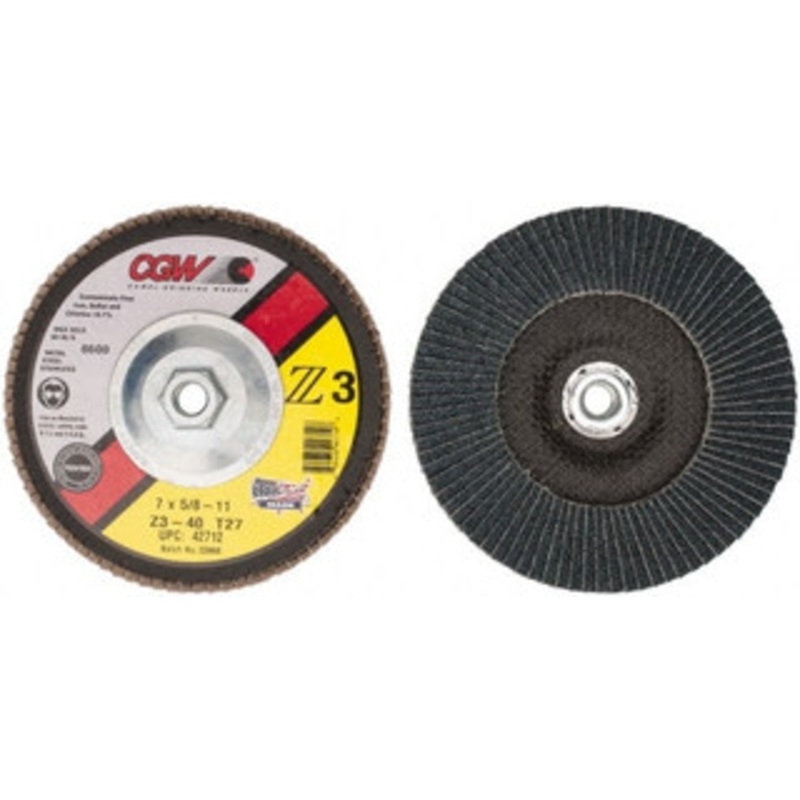 CGW Abrasives 7 40 Grit 5/8-11 Center Hole Type 27 Zirconia Alumina Flap Disc Coarse Grade, Coated, Arbor Attachment, Poly Cotton Backing, 8,600 RPM 42712 – 56435324
