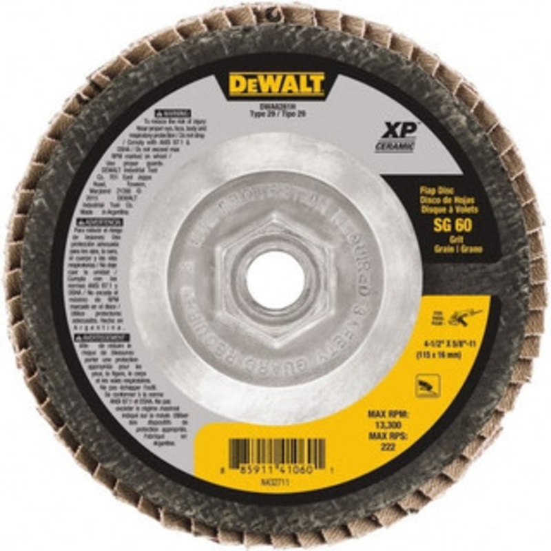 DeWALT 4-1/2 60 Grit 5/8-11 Center Hole Type 29 Ceramic Flap Disc Medium Grade, Coated, Arbor Attachment, Poly Cotton Backing, 8,700 RPM DWA8281H – 54753264