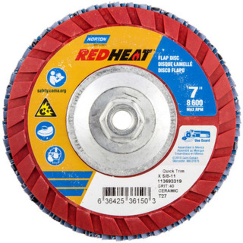 Norton 7 40 Grit 5/8-11 Center Hole Type 27 Ceramic Flap Disc Coarse Grade, Coated, Arbor Attachment, Plastic Backing, 8,600 RPM 63642536150 – 09258211