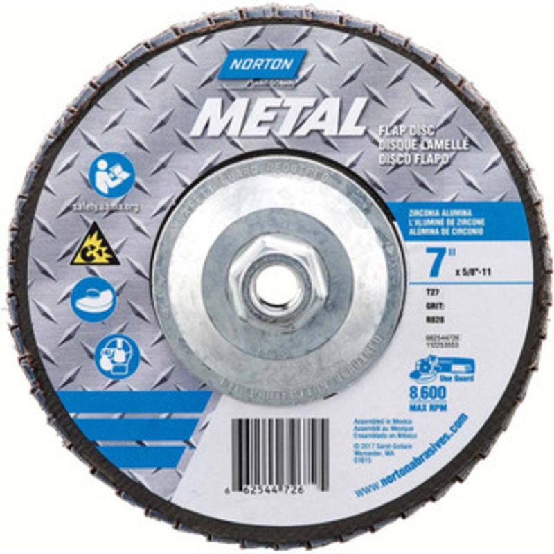 Norton 7 60 Grit 5/8-11 Center Hole Type 27 Zirconia Alumina Flap Disc Medium Grade, Coated, Arbor Attachment, Fiberglass Backing, 8,600 RPM 66254472671 – 45450988