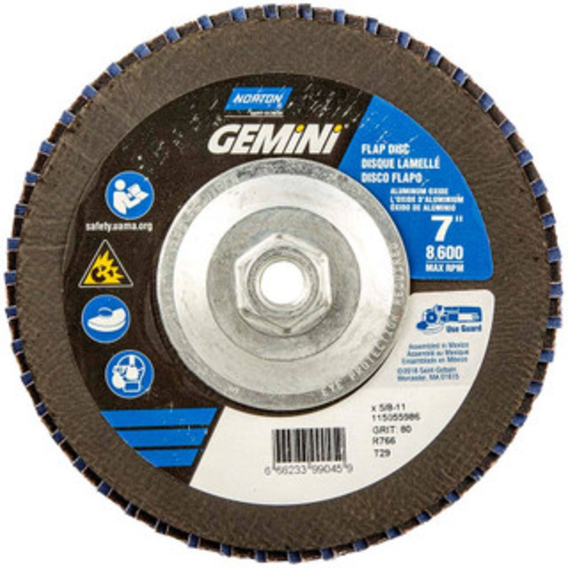 Norton 7 80 Grit 5/8-11 Center Hole Type 29 Ceramic Alumina Flap Disc Medium Grade, Coated, Arbor Attachment, Polyester Backing, 8,600 RPM 66623399045 – 30189666