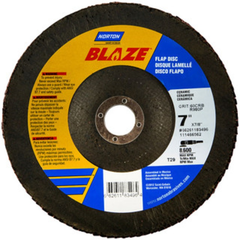 Norton 7 80 Grit 7/8 Center Hole Type 29 Ceramic Flap Disc Medium Grade, Coated, Arbor Attachment, Fiberglass Backing, 8,500 RPM 66261183497 – 83833798