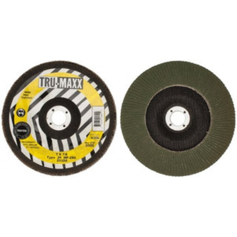 Tru-Maxx 7 80 Grit 7/8 Center Hole Type 29 Zirconia Alumina Flap Disc Medium Grade, Coated, Arbor Attachment, 8,600 RPM 25324 – 73225120