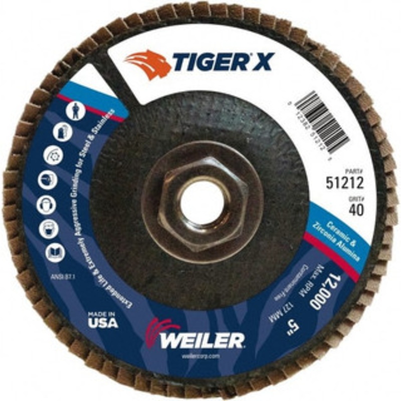 Weiler Abrasives 5 40 Grit 5/8-11 Center Hole Type 29 Zirconia Alumina Flap Disc Coarse Grade, Coated, Arbor Attachment, Phenolic Backing, 12,000 RPM 51212 – 46906103