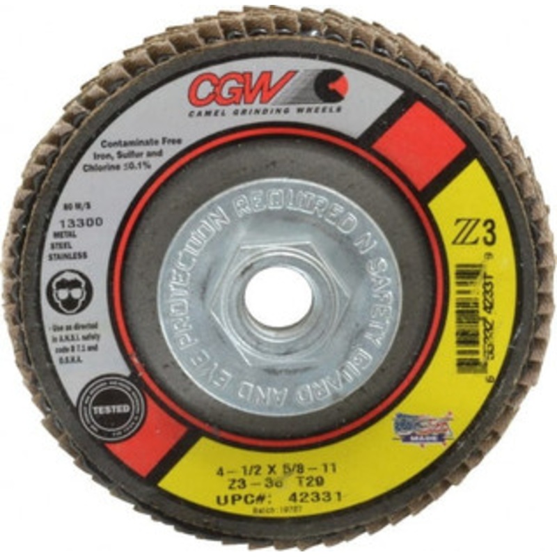 CGW Abrasives 4-1/2 36 Grit 5/8-11 Center Hole Type 29 Zirconia Alumina Flap Disc Very Coarse Grade, Coated, Arbor Attachment, Poly Cotton Backing, 13,300 RPM 42331 – 82283896