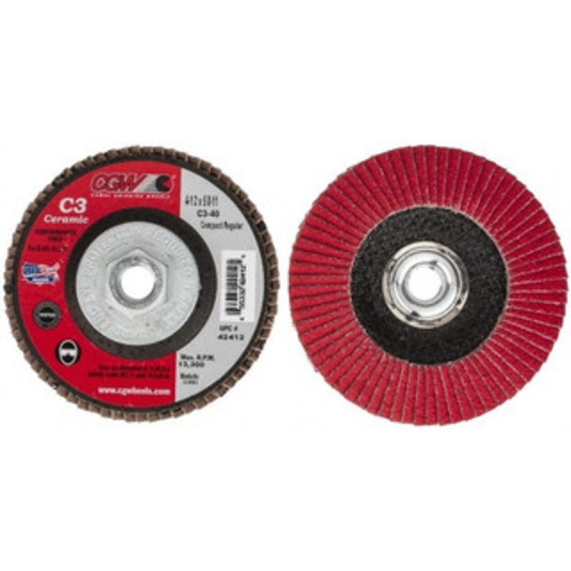 CGW Abrasives 4-1/2 40 Grit 5/8-11 Center Hole Ceramic Flap Disc Coarse Grade, Coated, Arbor Attachment, Polyester Backing, 13,300 RPM 42412 – 63009641
