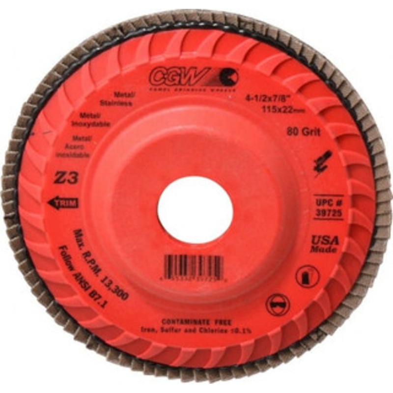 CGW Abrasives 4-1/2 80 Grit 7/8 Center Hole Type 27 Zirconia Alumina Flap Disc Fine Grade, Coated, Arbor Attachment, Poly Cotton Backing, 13,300 RPM 39725 – 78916772