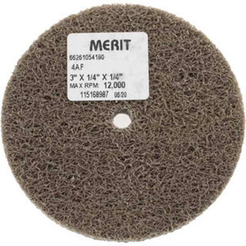 Merit Abrasives 3 Diam, 1/4 Face Width, 1/4 Center Hole, Fine Grade, Aluminum Oxide Deburring Wheel Unitized, Soft Density 4 Grade, 12,000 RPM 66261054180 – 84525344