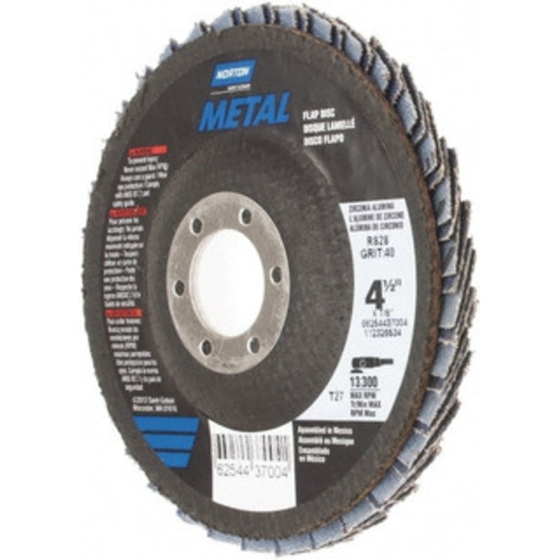 Norton 4-1/2 40 Grit 7/8 Center Hole Type 27 Zirconia Alumina Flap Disc Coarse Grade, Coated, Arbor Attachment, Fiberglass Backing, 13,300 RPM 66254437004 – 45451465