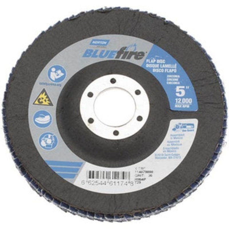 Norton 5 36 Grit 7/8 Center Hole Type 29 Zirconia Alumina Flap Disc Very Coarse Grade, Coated, Arbor Attachment, Cloth Backing, 12,000 RPM 66254461174 – 30189336