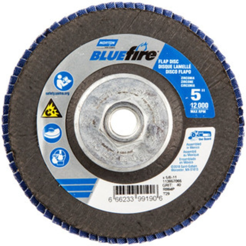 Norton 5 40 Grit 5/8-11 Center Hole Type 29 Zirconia Alumina Flap Disc Coarse Grade, Coated, Arbor Attachment, Fiberglass Backing, 12,000 RPM 66623399190 – 36044485