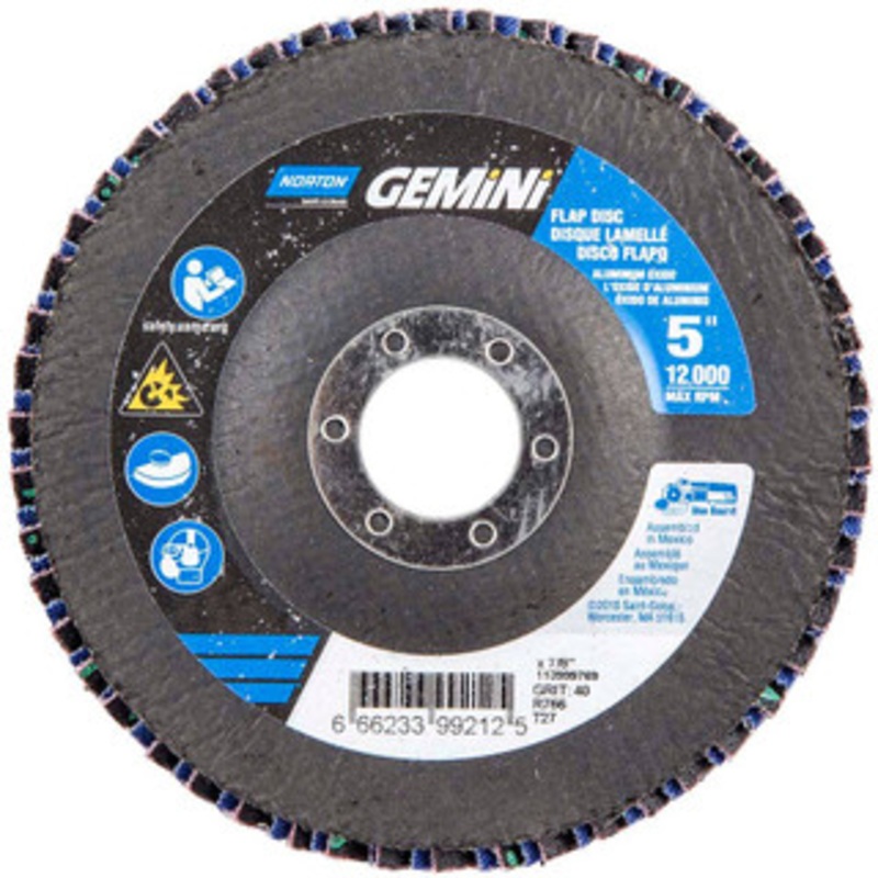 Norton 5 40 Grit 7/8 Center Hole Type 27 Ceramic Alumina Flap Disc Coarse Grade, Coated, Arbor Attachment, Polyester Backing, 12,000 RPM 66623399212 – 56275274