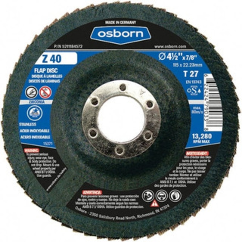 Osborn 4-1/2 40 Grit 7/8 Center Hole Type 27 Zirconia Alumina Flap Disc Coarse Grade, Coated, Arbor Attachment, Fiberglass Backing, 13,280 RPM 5211184572 – 31279805