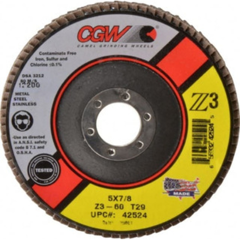 CGW Abrasives 5 60 Grit 7/8 Center Hole Type 29 Zirconia Alumina Flap Disc Medium Grade, Coated, Arbor Attachment, Poly Cotton Backing, 12,200 RPM 42524 – 56437700
