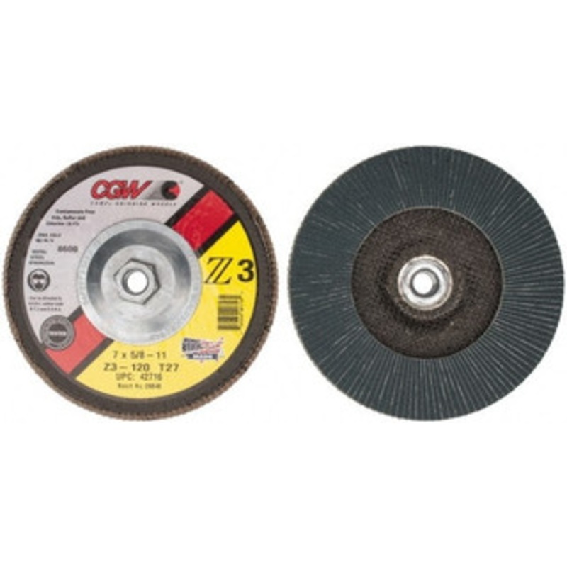 CGW Abrasives 7 120 Grit 5/8-11 Center Hole Type 27 Zirconia Alumina Flap Disc Fine Grade, Coated, Arbor Attachment, Poly Cotton Backing, 8,600 RPM 42716 – 56435290
