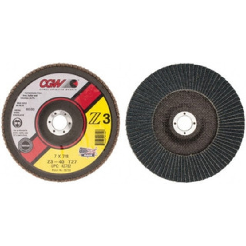 CGW Abrasives 7 40 Grit 7/8 Center Hole Type 27 Zirconia Alumina Flap Disc Coarse Grade, Coated, Arbor Attachment, Poly Cotton Backing, 8,600 RPM 42702 – 56451545