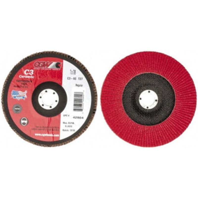 CGW Abrasives 7 60 Grit 7/8 Center Hole Type 27 Ceramic Flap Disc Medium Grade, Coated, Arbor Attachment, Polyester Backing, 8,600 RPM 42804 – 63009930
