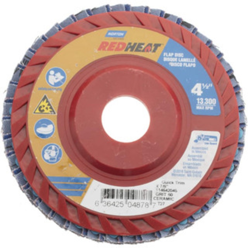 Norton 4-1/2 60 Grit 7/8 Center Hole Type 27 Ceramic Flap Disc Medium Grade, Coated, Arbor Attachment, Plastic Backing, 13,000 RPM 63642504878 – 71945224