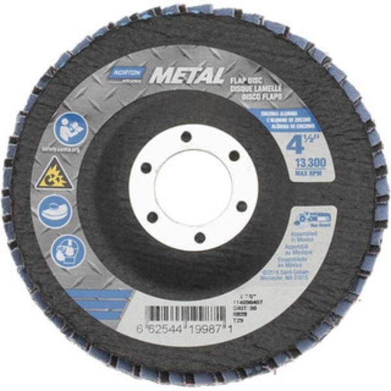 Norton 4-1/2 80 Grit 7/8 Center Hole Type 29 Zirconia Alumina Flap Disc Medium Grade, Coated, Arbor Attachment, Fiberglass Backing, 13,300 RPM 66254419987 – 45451366