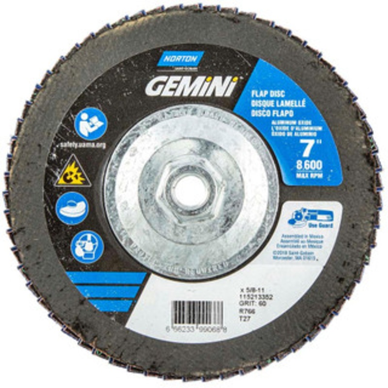 Norton 7 60 Grit 5/8-11 Center Hole Type 27 Ceramic Alumina Flap Disc Medium Grade, Coated, Arbor Attachment, Polyester Backing, 8,600 RPM 66623399068 – 56275803