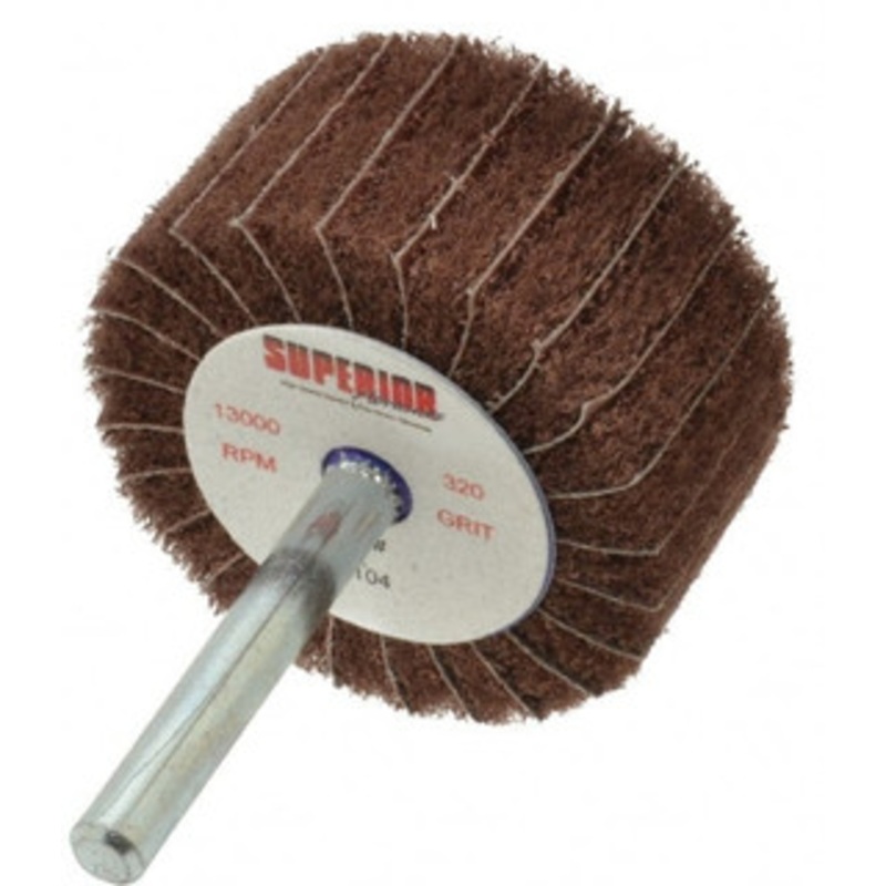 Superior Abrasives 2 Diam x 1 Face Width, Extra Fine Aluminum Oxide Nonwoven & Coated Mounted Flap Wheel 1/4 Shank Mount, 320 Grit, Interleaf, Cloth Backing, 12,000 Max RPM 41104 – 00537951