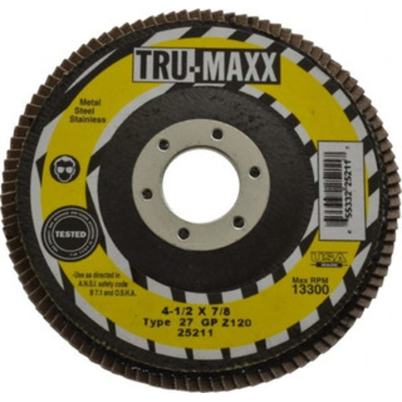 Tru-Maxx 4-1/2 120 Grit 7/8 Center Hole Type 27 Zirconia Alumina Flap Disc Fine Grade, Coated, Arbor Attachment, 13,300 RPM 25211 – 86779139