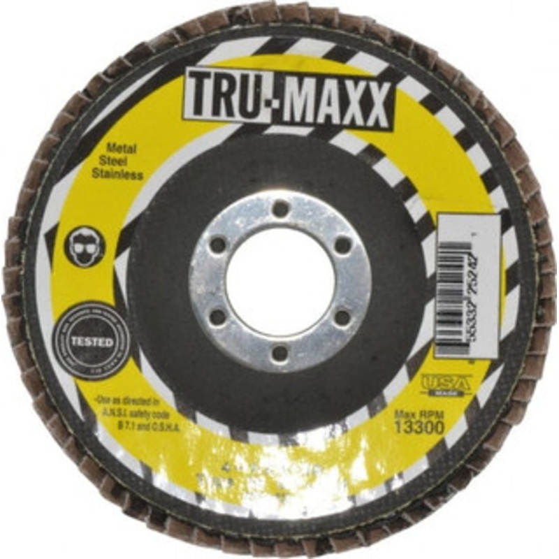 Tru-Maxx 4-1/2 24 Grit 7/8 Center Hole Type 29 Zirconia Alumina Flap Disc Very Coarse Grade, Coated, Arbor Attachment, 13,300 RPM 25242 – 40140519