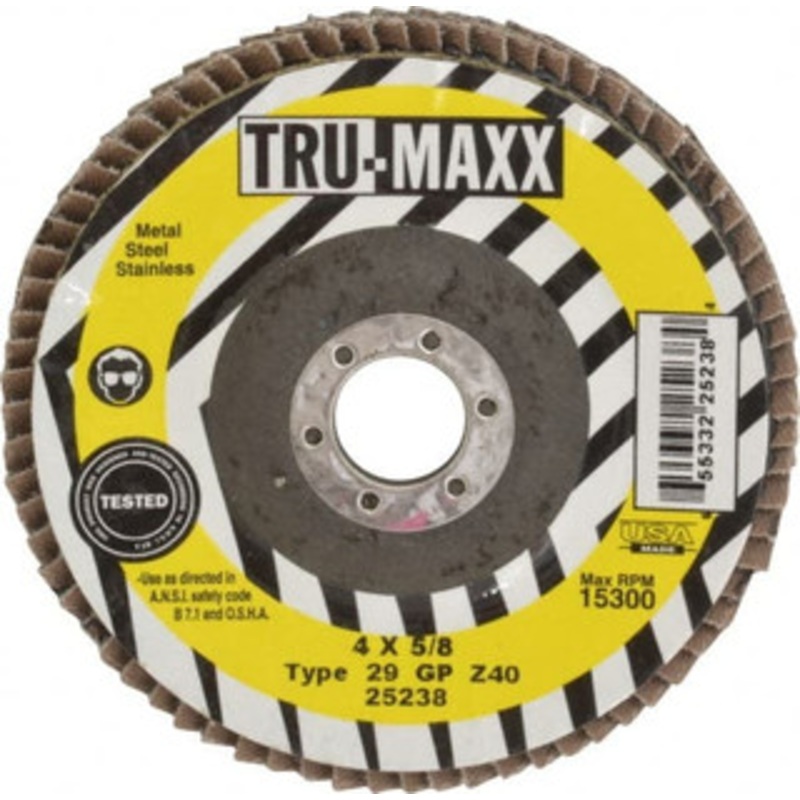 Tru-Maxx 4 40 Grit 5/8 Center Hole Type 29 Zirconia Alumina Flap Disc Coarse Grade, Coated, Arbor Attachment, 15,300 RPM 25238 – 86779402