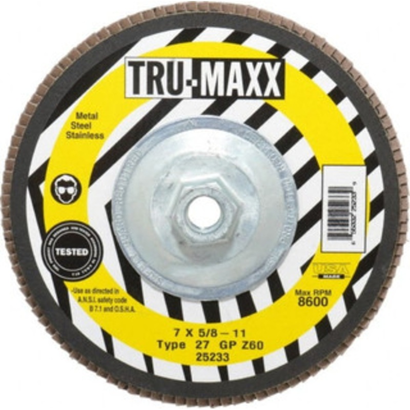 Tru-Maxx 7 60 Grit 5/8-11 Center Hole Type 27 Zirconia Alumina Flap Disc Medium Grade, Coated, Arbor Attachment, 8,600 RPM 25233 – 86779352