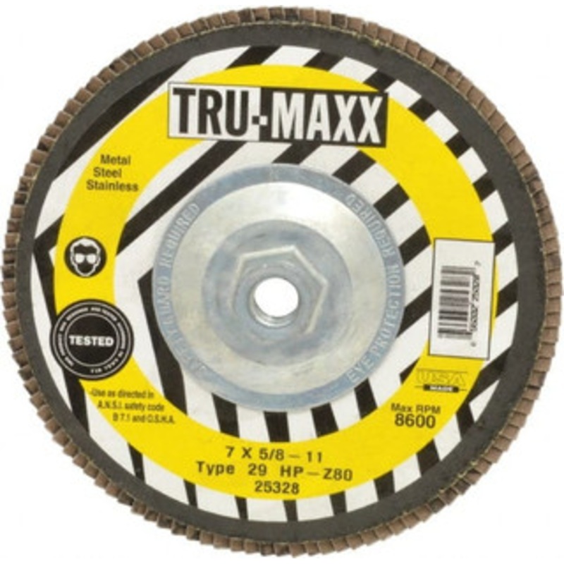 Tru-Maxx 7 80 Grit 5/8-11 Center Hole Type 29 Zirconia Alumina Flap Disc Medium Grade, Coated, Arbor Attachment, 8,600 RPM 25328 – 73225161