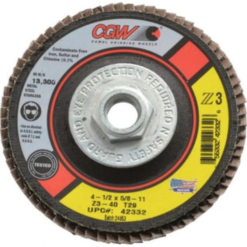 CGW Abrasives 4-1/2 40 Grit 5/8-11 Center Hole Type 29 Zirconia Alumina Flap Disc Coarse Grade, Coated, Arbor Attachment, Poly Cotton Backing, 13,300 RPM 42332 – 82283904
