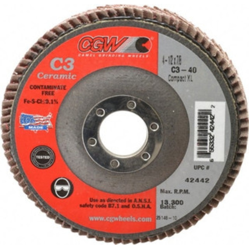 CGW Abrasives 4-1/2 40 Grit 7/8 Center Hole Ceramic Flap Disc Coarse Grade, Coated, Arbor Attachment, Polyester Backing, 13,300 RPM 42442 – 63009682