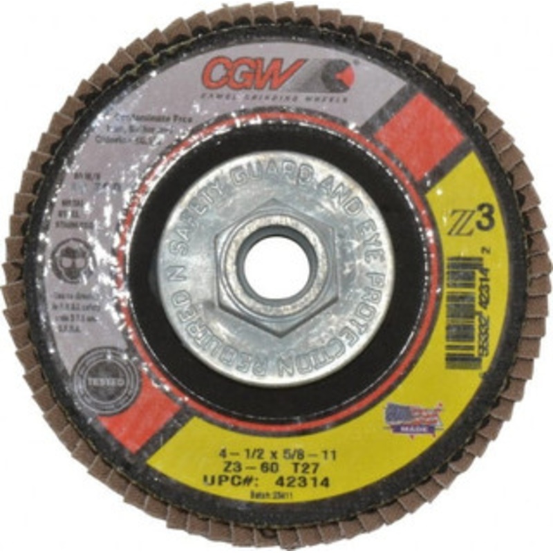 CGW Abrasives 4-1/2 60 Grit 5/8-11 Center Hole Type 27 Zirconia Alumina Flap Disc Medium Grade, Coated, Arbor Attachment, Poly Cotton Backing, 13,300 RPM 42314 – 82283854