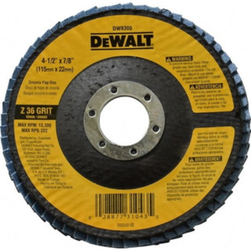 DeWALT 4-1/2 36 Grit 7/8 Center Hole Type 29 Zirconia Alumina Flap Disc Very Coarse Grade, Coated, Arbor Attachment, Fiberglass Backing, 13,300 RPM DW8306 – 73201253