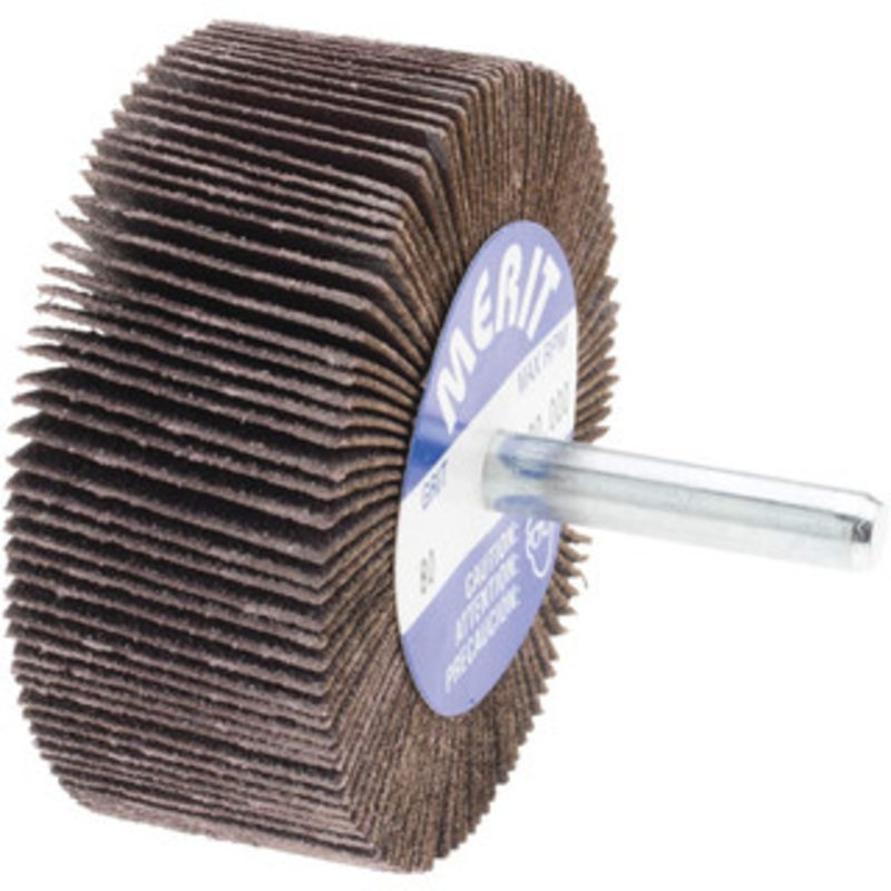 Merit Abrasives 2-1/2 Diam x 1 Face Width, Medium Ceramic Alumina Coated Mounted Flap Wheel 1/4 Shank Mount, 80 Grit, Cloth Backing, 20,000 Max RPM 08834137411 – 72373343