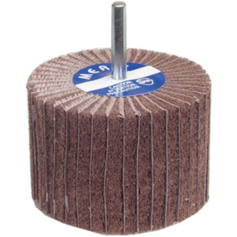 Merit Abrasives 3 Diam x 2 Face Width, Fine Aluminum Oxide Nonwoven & Coated Mounted Flap Wheel 1/4 Shank Mount, 120 Grit, Interleaf, X Weighted Cloth Backing, 8,000 Max RPM 08834144460 – 09609223