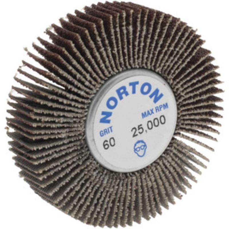 Norton 2 Diam x 1/2 Face Width, Medium Aluminum Oxide Coated Mounted Flap Wheel 1/4-20 Threaded Mount, 60 Grit, Cloth Backing, 23,000 Max RPM 63642502642 – 05098306