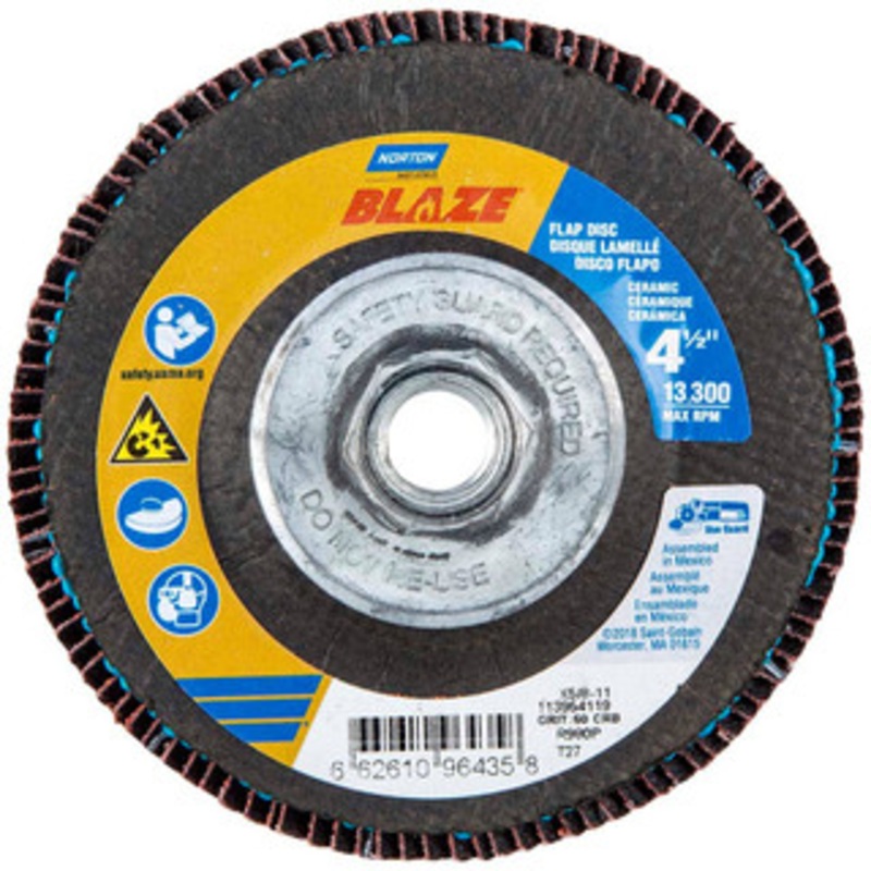 Norton 4-1/2 60 Grit 5/8-11 Center Hole Type 27 Ceramic Alumina Flap Disc Medium Grade, Coated, Arbor Attachment, Cloth Backing, 13,000 RPM 66261096435 – 56275134