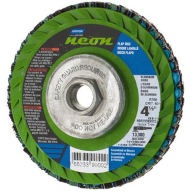 Norton 4-1/2 80 Grit 5/8-11 Center Hole Type 27 Ceramic Alumina Flap Disc Medium Grade, Coated, Arbor Attachment, Polyester Backing, 13,300 RPM 66623399002 – 56275084