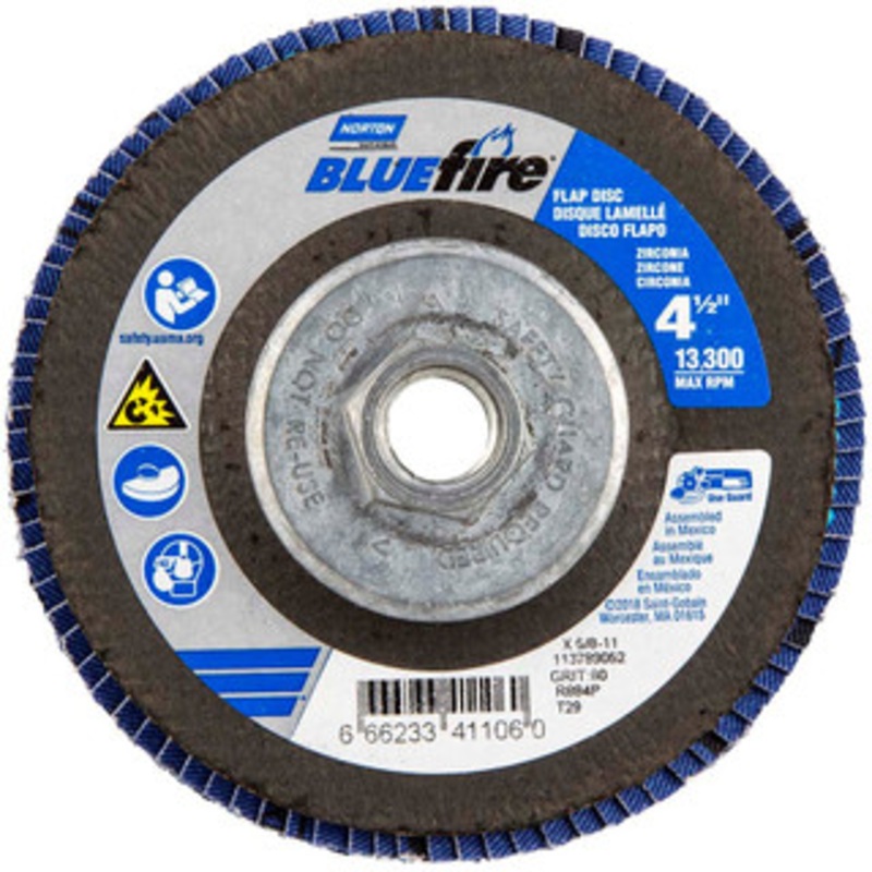 Norton 4-1/2 80 Grit 5/8-11 Center Hole Type 29 Zirconia Alumina Flap Disc Medium Grade, Coated, Arbor Attachment, Plastic Backing, 13,300 RPM 66623341106 – 69000602